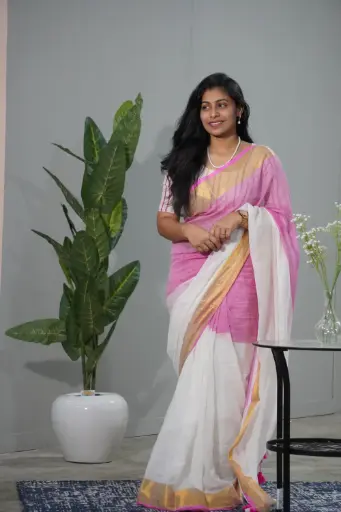 [PW001,pw001,pink,] Onam special pink and white mulmul Cotton Saree | Pure Soft Cotton with Floral Border 