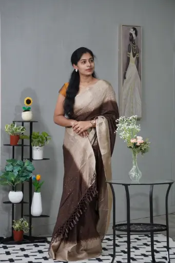 [Dola silk, BC01] Coffee Brown Beige colour dola silk saree