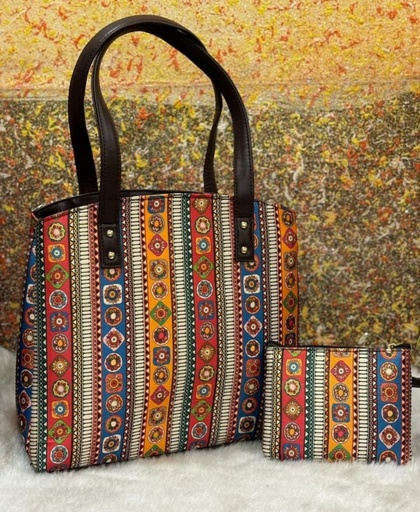 Beautiful Doremon Tote Bag in Ikkat Fabric with Triple Partitions