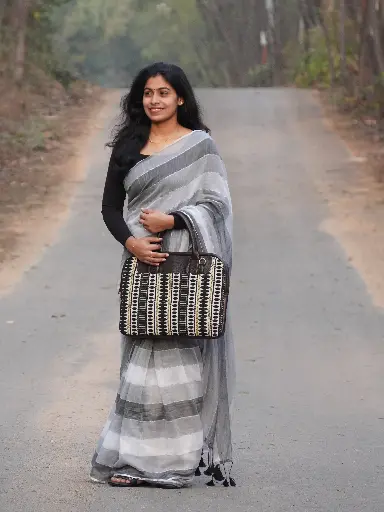 Khadi Cotton Black and White Saree Multi Colors Stylish Saree Party Wear | Silver Border   